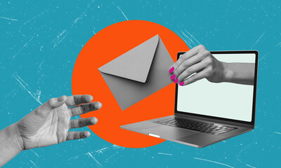 Modern art collage depicting a hand with a letter from a laptop, hand reaching for the letter on a blue background.