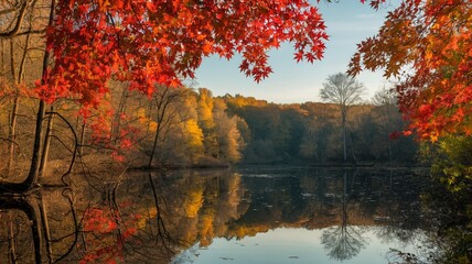 Autumn Leaves Mirrored on a Tranquil Lake Surface