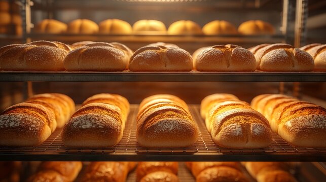A rack of freshly baked bread with powdered sugar on top