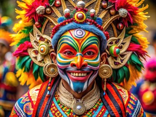 Cultural Mask: Ethnically diverse, person wearing a traditional face mask, vibrant colors, intricate patterns