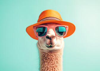 A llama wearing a bright orange hat stands against a pastel green background, combining animal charm with humorous fashion.