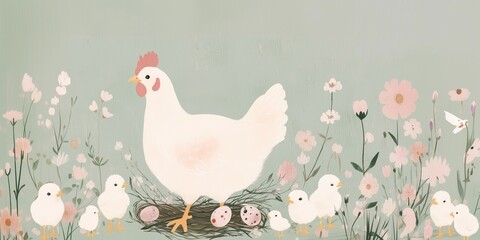 White hen in nest of branches with eggs, chicks nearby surrounded by fields of flowers on pastel green background. Banner, postcard with space for copying for Easter theme, packaging of farm products