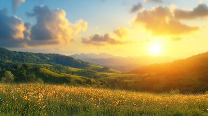Naklejka premium A picturesque scene of a sunset over a lush, green hilly landscape with wildflowers in bloom, showcasing nature's serene beauty.