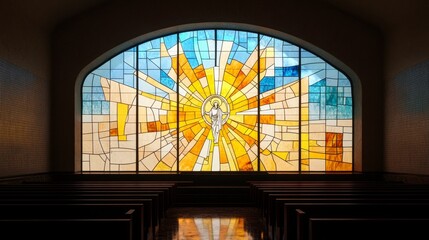 A beautiful stained glass window in a church, depicting a religious figure surrounded by radiant light. The intricate design and vibrant colors create a sense of awe and reverence. The window symboliz