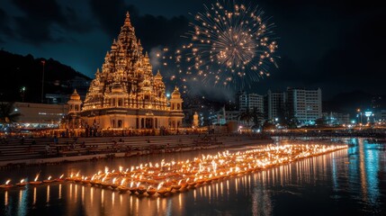 A grand temple illuminated during a night festival, with fireworks in the sky and floating lamps on the water creating a serene ambiance.