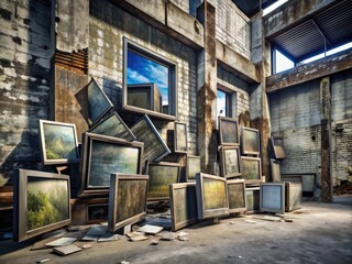 Cybernetic Erosion: Distorted screens merging with decaying concrete and metal.