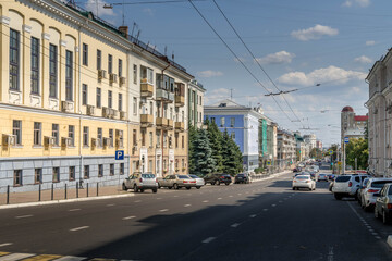 Fototapeta premium The empty streets of Belgorod, city in west of Russia, close to Ukraine border, with Russian architecture during the day. 