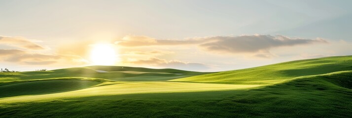 A breathtaking view of a golf course bathed in the golden light of sunrise. Rolling green hills, lush grass, and a clear blue sky create a peaceful and tranquil atmosphere. The image symbolizes tranqu