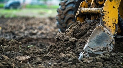 Close-up of a backhoe loader's bucket scooping soil