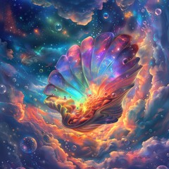 Obraz premium Fantasy painting of a colorful, glowing shell in the clouds.