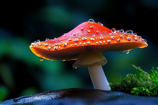 A photograph of an amanita mushroom in the early morning mist, with droplets of dew clinging to its cap and a soft, mysterious atmosphere