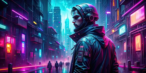 Naklejka premium Cyberpunk Exile: Futuristic, dystopian, neon-drenched, digital distortion, fragmented bodies