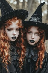 Obraz premium Two red-haired girls in witch costumes