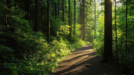 Fototapeta premium A serene forest pathway illuminated by soft sunlight, surrounded by lush greenery and tall trees, perfect for nature walks and relaxation.