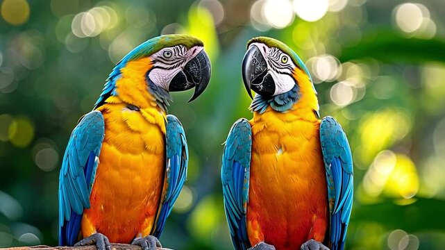 Adorable pair of macaw parrots perched on a branch