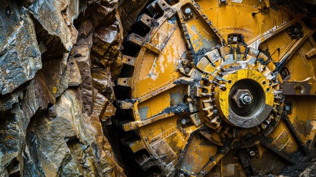Close-up shot of a tunnel boring machine's cutting head drilling through rock