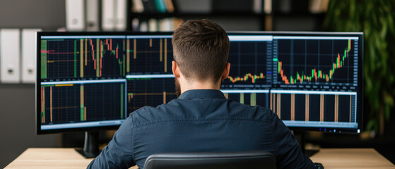 Focused trader analyzing complex stock market charts on multiple monitors, surrounded by a modern office environment, concentrating on financial strategies and decisions.