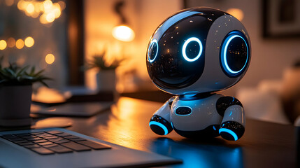 3D Render of a Friendly Robot on a Wooden Table