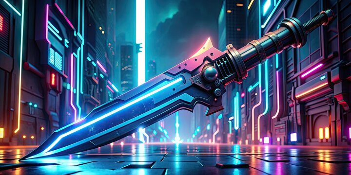 Cyberpunk Neon Blade: Urban, sharp angles, glowing circuitry, neon lights, futuristic, dynamic perspective, technological prowess