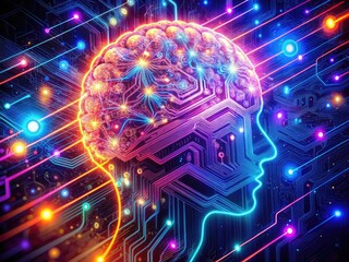 Cyberpunk Neural Network: Glowing circuitry, neon hues, glitch effects, cybernetic enhancements