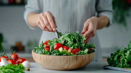Fresh salad preparation with vibrant greens and tomatoes, showcasing healthy lifestyle.