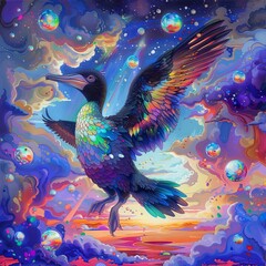 Obraz premium The image is a surreal and colorful depiction of a bird with outstretched wings, set against a backdrop of swirling clouds and stars.