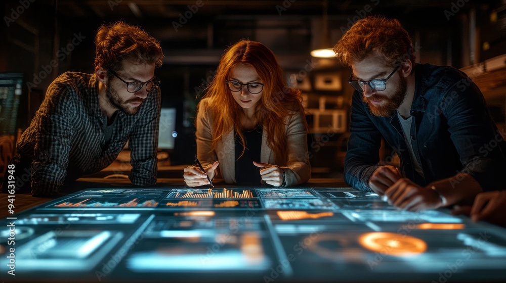 Poster Three people are looking at a computer screen with a lot of numbers and graphs