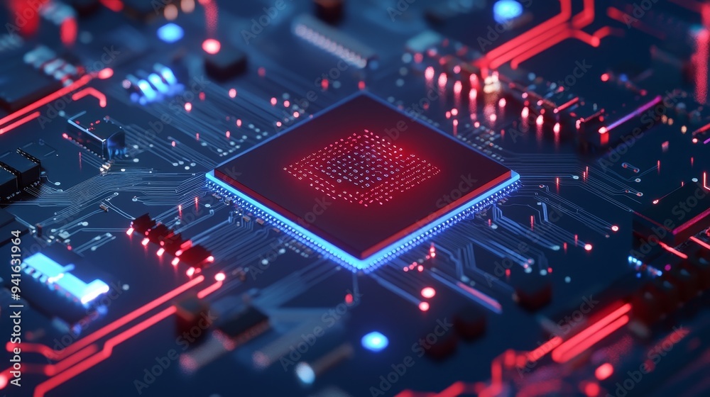 Poster a close-up image of a computer chip on a circuit board. the chip is illuminated in red and blue, sym