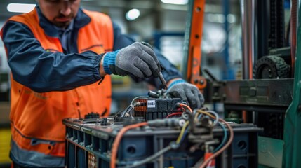 Maintenance crew performing checks on an electric forklift's battery and motor components