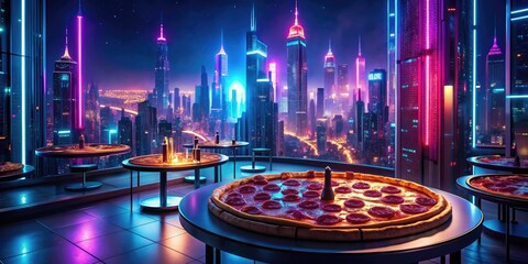 Cyberpunk Pizza Cyberia: Futuristic cityscape, glowing neon, technological pepperoni