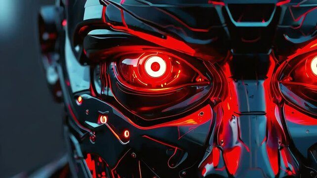 Close-up of a robotic eye glowing red.