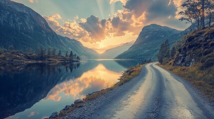 A winding road follows the edge of a calm mountain lake during sunset, creating a picturesque scene with the reflection of the colorful sky on the water.