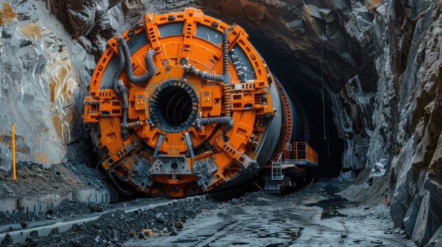 Massive tunnel boring machine drilling through rock for a new tunnel project