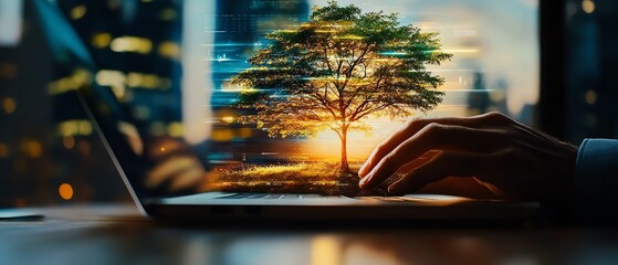 A tech startup developing a nature-inspired app in a modern office close up, focus on, copy space vibrant, creative colors, double exposure silhouette with nature elements