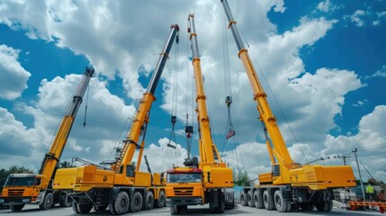 Mobile cranes with yellow telescopic arms operating under a clear blue sky with white clouds