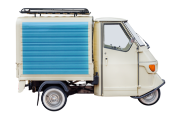 Side view of a vintage Italian three wheeled scooter van