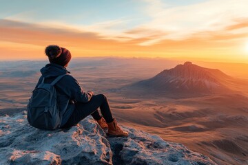 A person sits on a mountain summit at sunrise, overlooking a vast and expansive landscape below, with warm light casting across the rocky terrain and creating a peaceful ambiance.