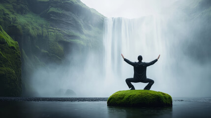 Obraz premium A person in black suit stands on mossy rock, arms outstretched, in front of majestic waterfall, exuding sense of peace and connection with nature.