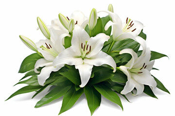 Fototapeta premium Pure White Lilies in Bloom with Verdant Green Leaves, A Symbol of Elegance and Serenity