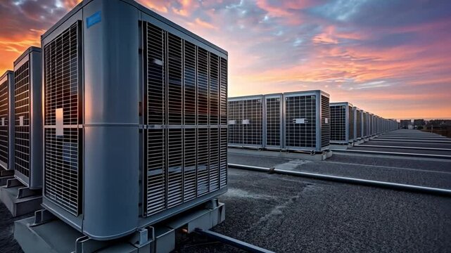 On the roof of an industrial building is an external unit for a commercial air conditioning and ventilation system.