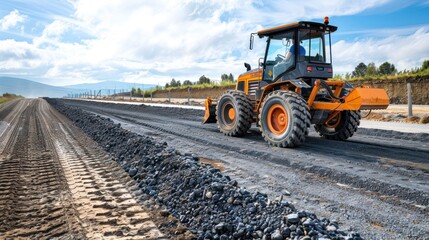 Side view of a motor grader smoothing a gravel surface for a new road