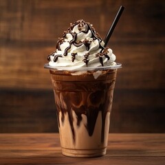 Mocha frappe in plastic cup with whipping cream and chocolate sauce topping. Sweet favorite coffee menu.