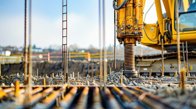 Side view of a pile driving machine placing support beams