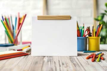 Blank Canvas with Colorful Toys, Pencils, and Plant on Wooden Table in Kid's Playroom