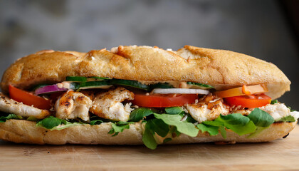 Delicious grilled chicken baguette with crisp greens and veggies. Tasty food for dinner Home cooking
