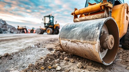 Single drum roller parked with construction equipment in the background