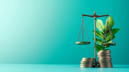 Fiscal responsibility, balance scale with varied economic measures, 3D illustration, copy space for text