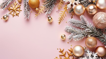 Merry Christmas and New Year. Festive composition. Beautiful pink Christmas design. Fir branches, shiny golden balls, confetti and baubles. Christmas background.