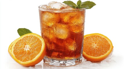 Fototapeta premium A refreshing drink with ice, garnished with mint and oranges.