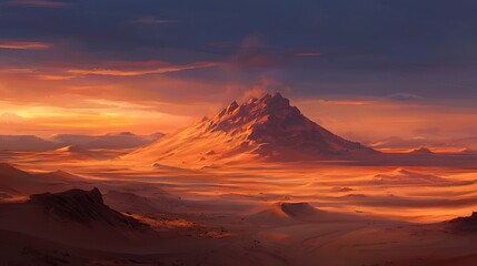 Naklejka premium Crimson Majesty: A lone peak stands sentinel as a fiery sunset paints the desert landscape in hues of red and gold.